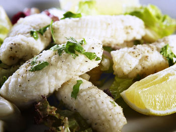 Fried squid with lemon slice as decoration