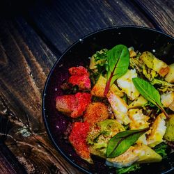 High angle view of food in plate on table