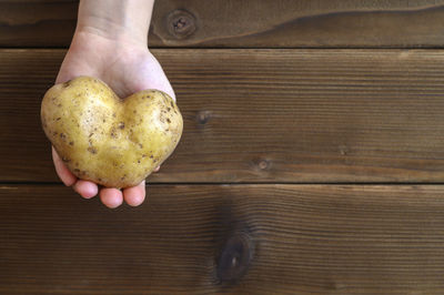 Close-up of hand holding bread on table