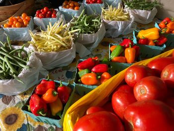 High angle view of fruits and vegetables at market stall