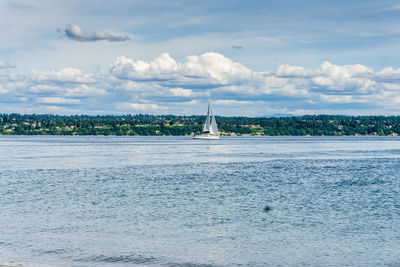 A sailboat on the puget sound with billowing clouds above.