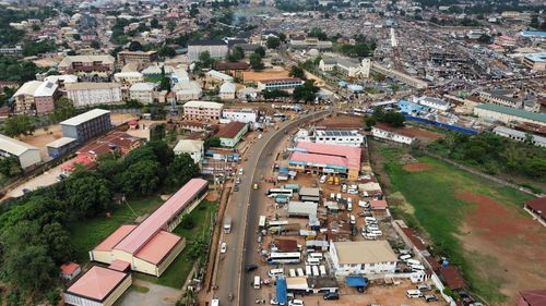 High angle view of buildings in city