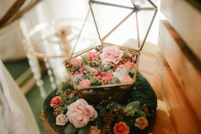 High angle view of rose bouquet on table