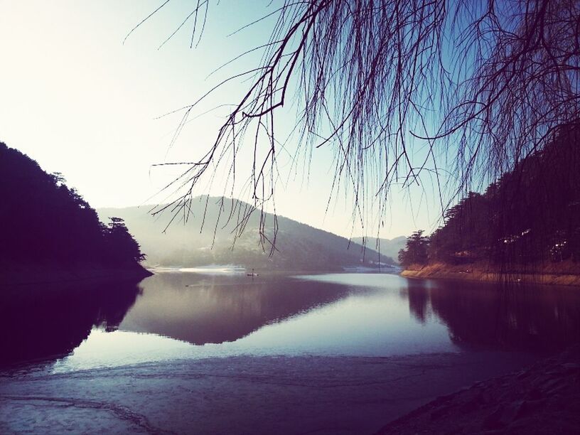 tranquil scene, tranquility, water, scenics, reflection, beauty in nature, lake, tree, silhouette, bare tree, clear sky, nature, idyllic, sky, mountain, non-urban scene, river, outdoors, branch, winter