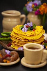 Close-up of cake served on table