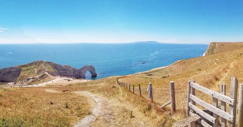 Scenic view of landscape by sea against sky