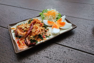 High angle view of meal served on table