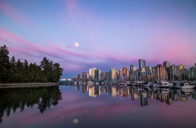 Panoramic view of lake and buildings against sky during sunset