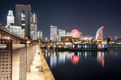 Illuminated city buildings at waterfront