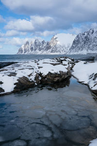 Scenic view of snow covered landscape against sky