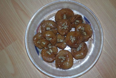 High angle view of dessert in plate on table