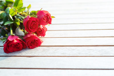 High angle view of rose bouquet on table