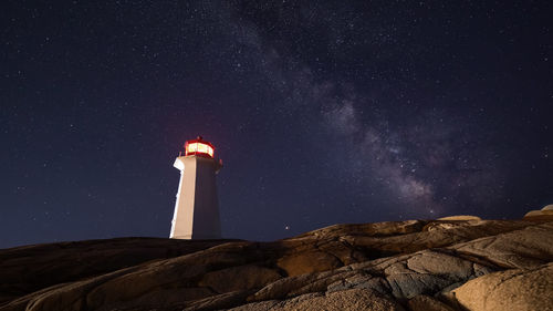 Low angle view of lighthouse against sky at night