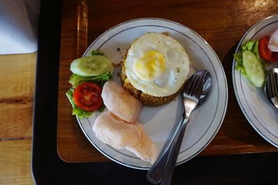 High angle view of breakfast served on table