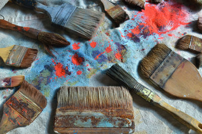 High angle view of paintbrushes