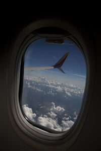 Aerial view of airplane wing seen through window