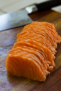 Close-up of salmon on cutting board