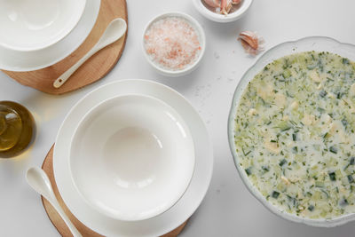 High angle view of breakfast served on table