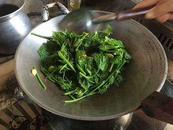 High angle view of person preparing food in kitchen