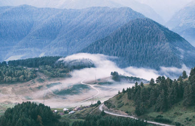 High angle view of landscape against mountains