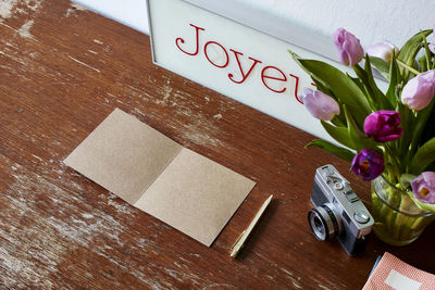 High angle view of flower vase on table