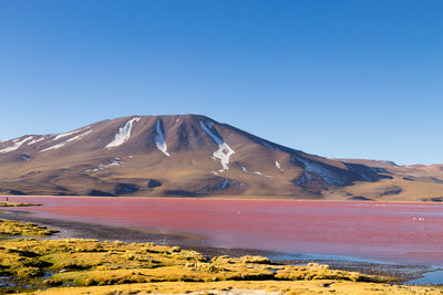 Scenic view of mountains against clear blue sky