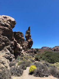 Scenic view of rocky mountains against clear blue sky