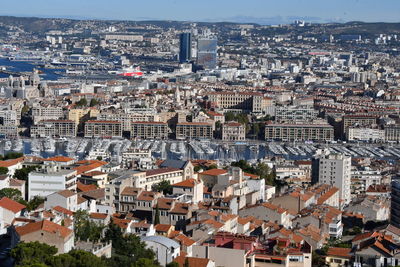 High angle view of buildings in city