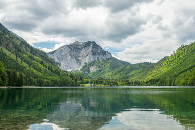 Scenic view of lake and mountains against sky