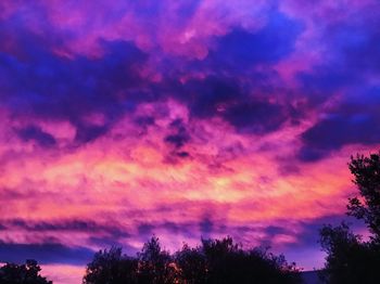 Low angle view of silhouette trees against dramatic sky