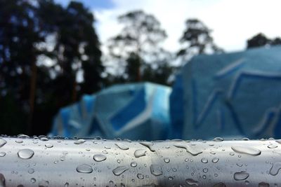 Close-up of wet blue against sky