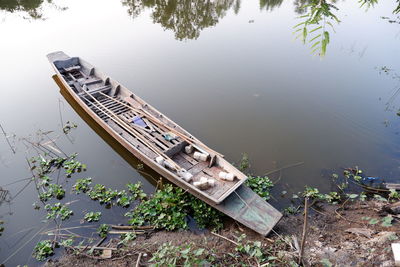 High angle view of abandoned boat on lake