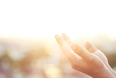 Close-up of human hand against white background