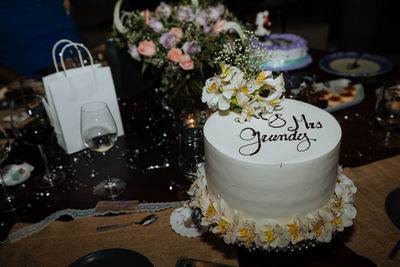 Close-up of cake served on table