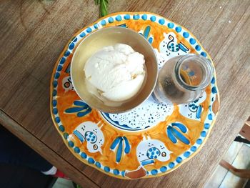 High angle view of ice cream on table