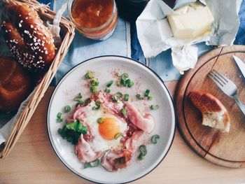 High angle view of breakfast in plate on table at home