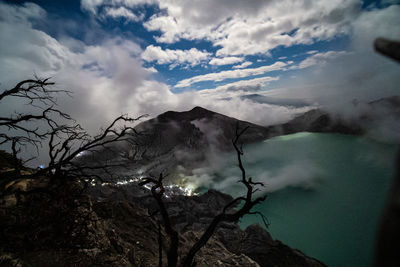 Smoke emitting from volcanic mountain against sky