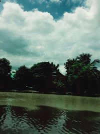 Reflection of trees in water against sky