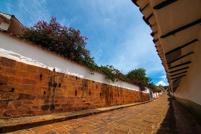 Tilt shot of alley amidst houses against sky