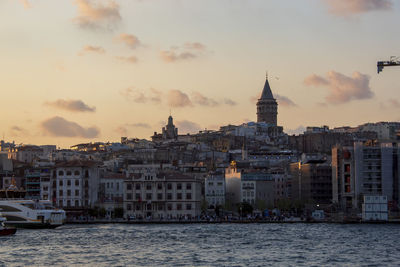 View of buildings at waterfront against cloudy sky