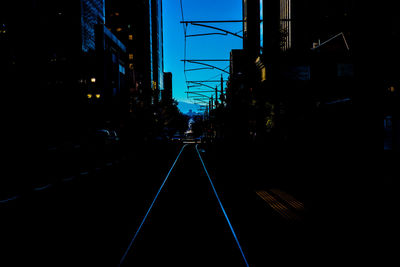 Railroad tracks in city at night