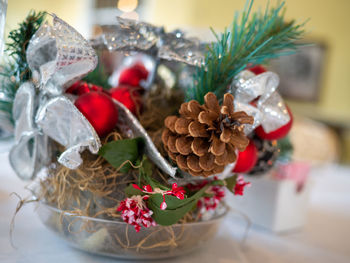 Close-up of christmas decorations on table