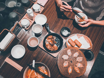 High angle view of breakfast on table