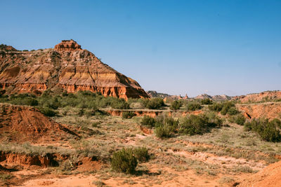 Rock formations in desert against clear sky