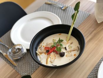 High angle view of soup in bowl on table