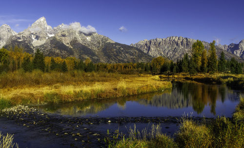 Scenic view of lake and mountains against sky