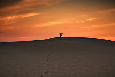 Silhouette person on field against sky during sunset