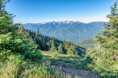 Scenic view of mountains against clear blue sky