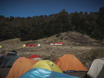 High angle view of tent on field against sky