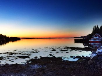 Scenic view of calm lake at sunset